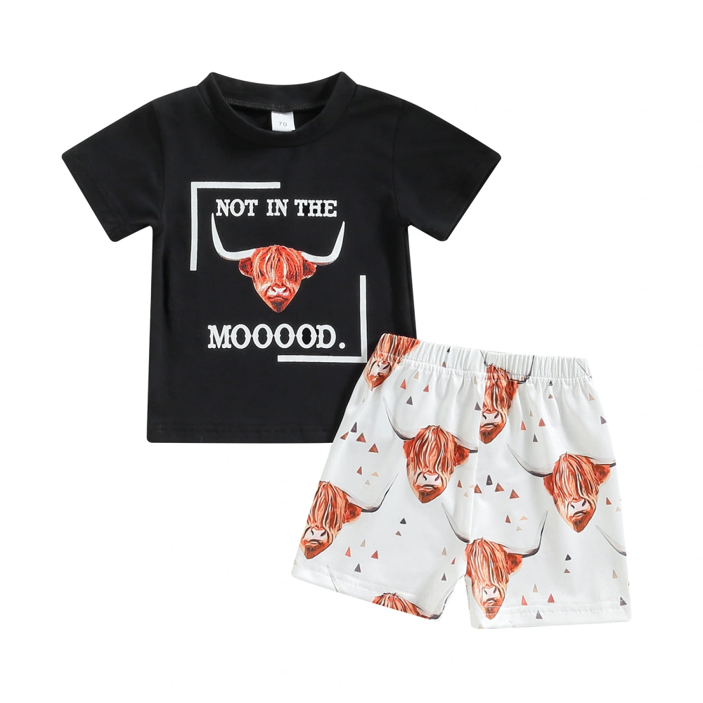 Boys Summer Outfits Bull Head Letter Print T-shirt and Elastic Shorts