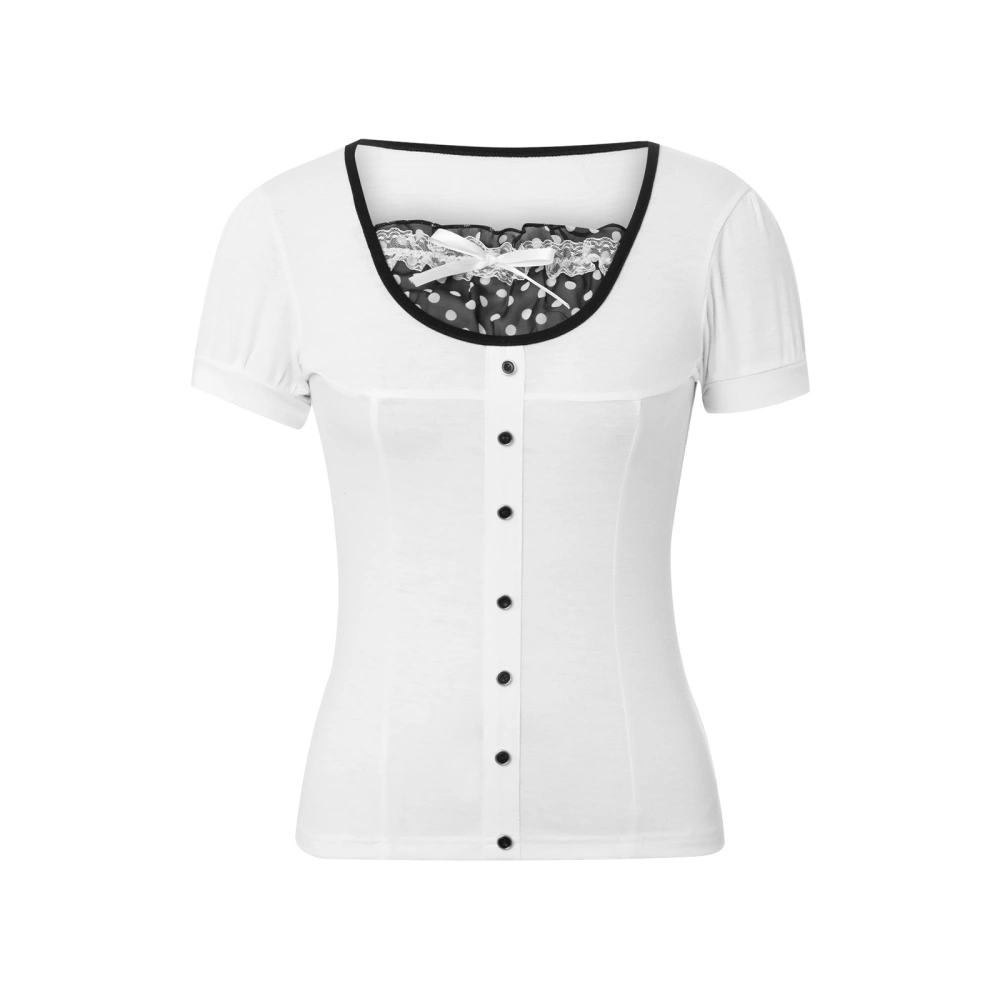 Women's Tops, Fake 2 Pieces Dots Lace Patchwork Buttons Decor T-shirts