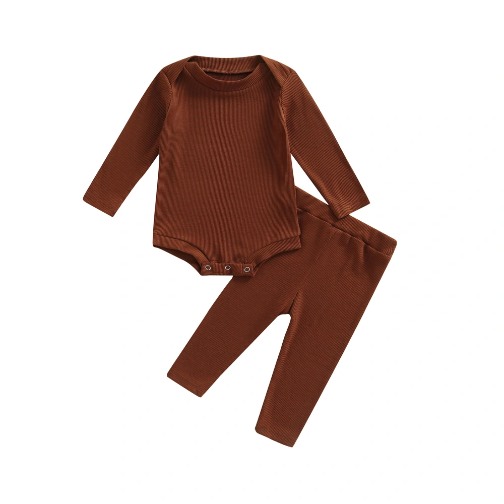 Ribbed Solid Color Long Sleeve Round Neck Bodysuit + Trousers