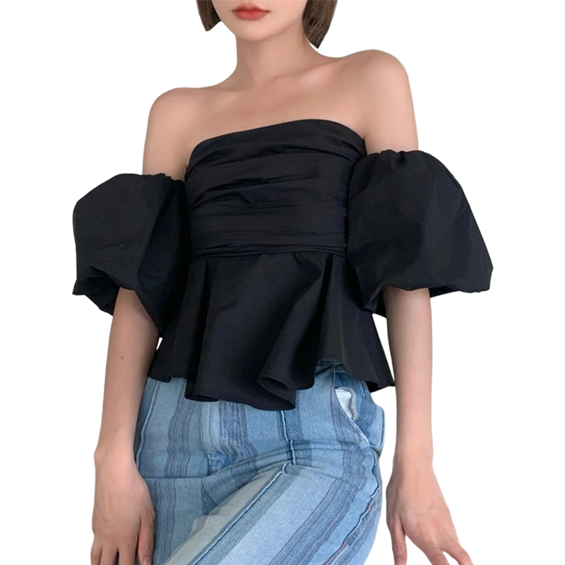 Women Crop Tops Short Puff Sleeve Off Shoulder Ruffle Spring Tops