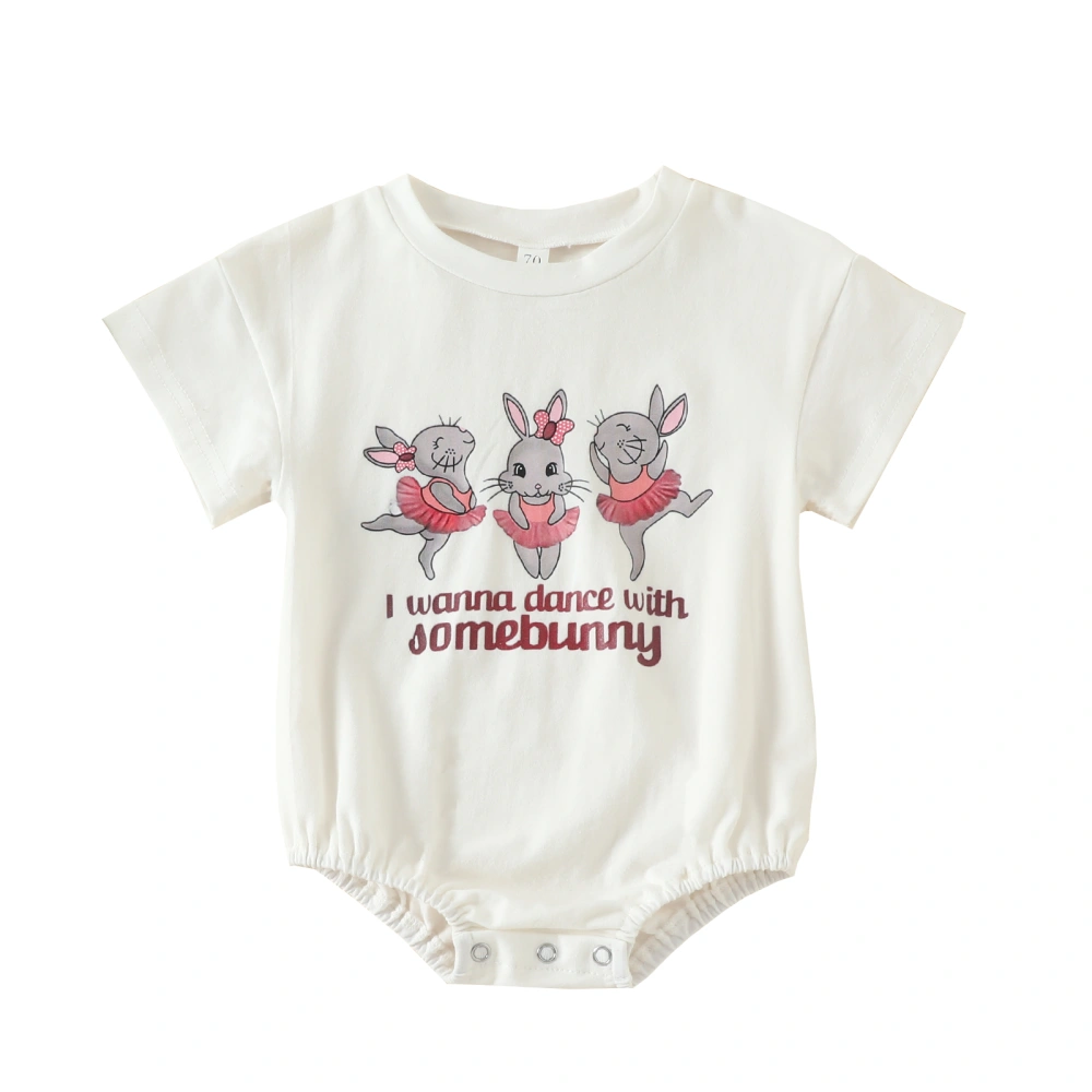 Baby Girls White Short Sleeve O Neck Letter Bunny Print Playsuit