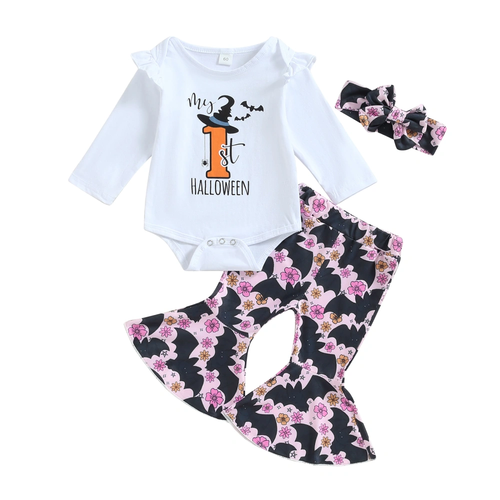 Baby Long Sleeve Ruffle Romper Bat Print Flared Pants Headband Sets