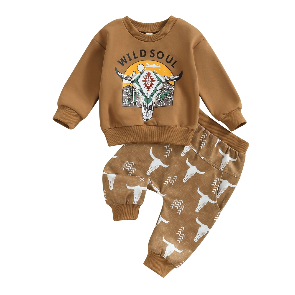 Toddler Fall Outfits Letter Western Cow Head Print Sweatshirts Pants