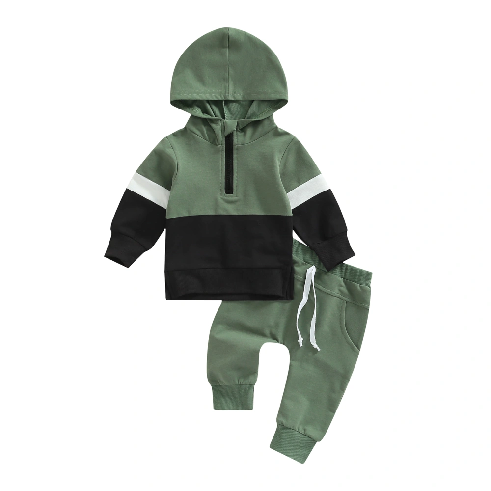 Contrast Color Hooded Sweatshirt + Solid Color Trousers with Pocket