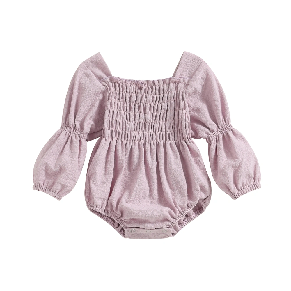 Baby Girl Fall Romper Long Puff Sleeve Solid Color Smocked Bodysuit