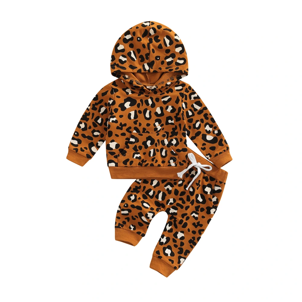 Baby Leopard Print Long Sleeve Hooded Tops with Pocket+ Long Pants