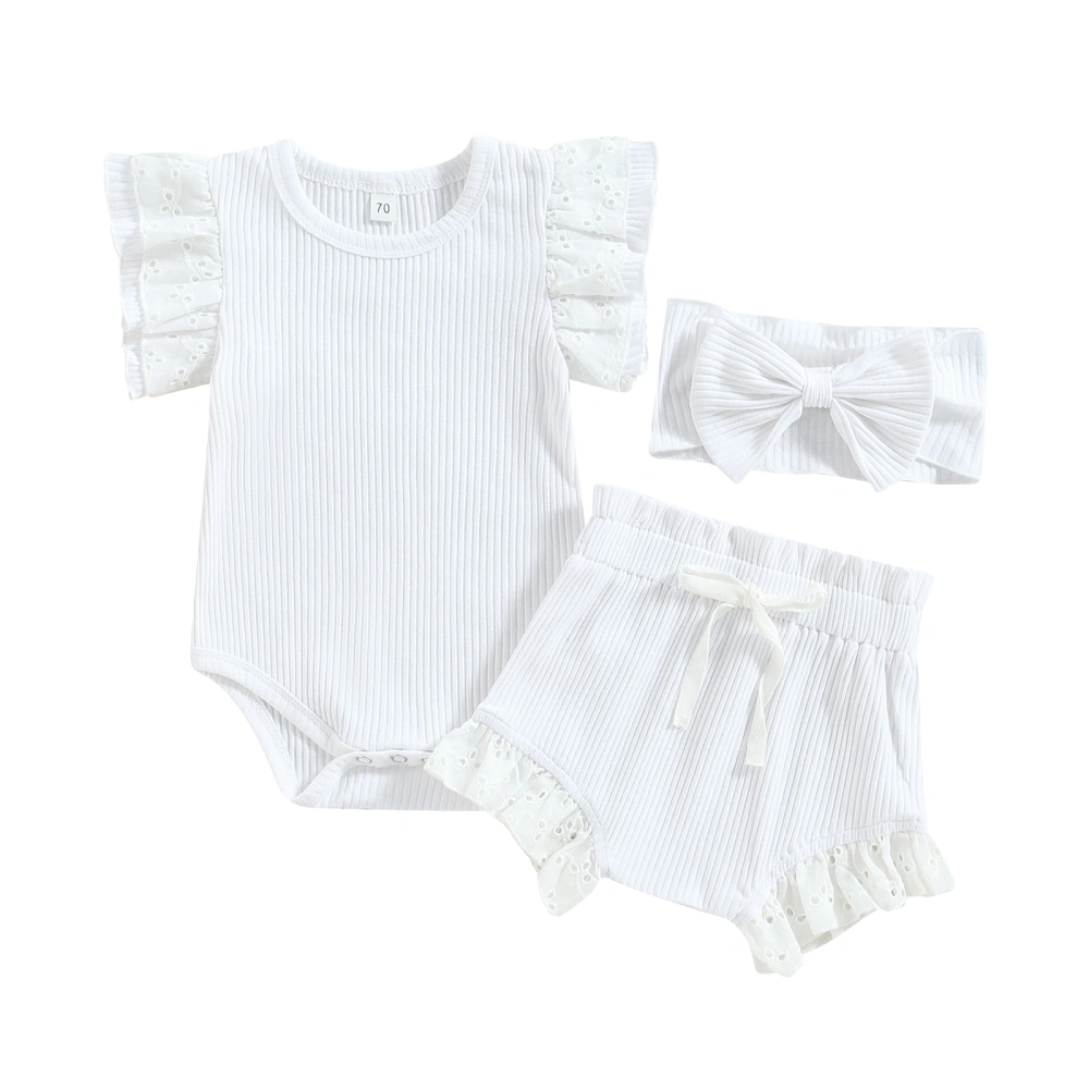 Baby Girls Flying Sleeve Romper + Drawstring Shorts + Headband