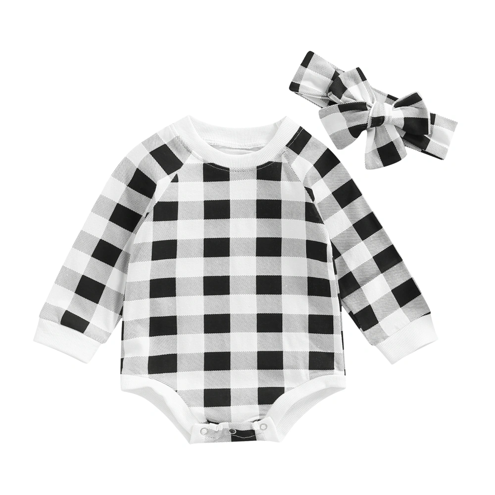 Infant Long Sleeve Romper, Plaid Round Collar Jumpsuit, Headwear