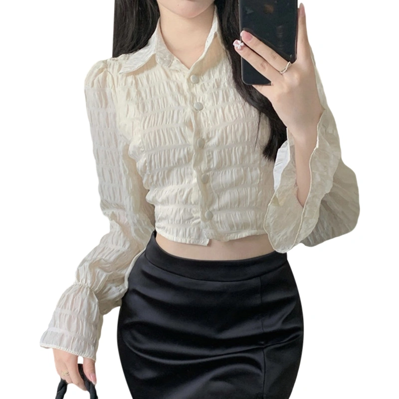 Women Shirt Long Sleeve Buttons Solid Color Crop Spring Tops