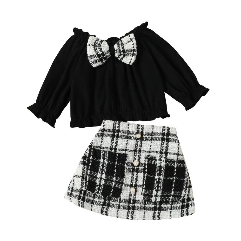 Kids Girl Summer Outfit Long Sleeves Off-shoulder Tops and Plaid Skirt