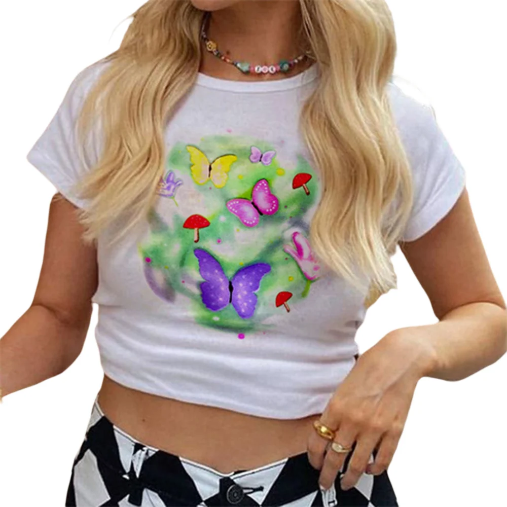 Women Crop Tops, Butterfly Print Short Sleeve Round Neck T-shirt