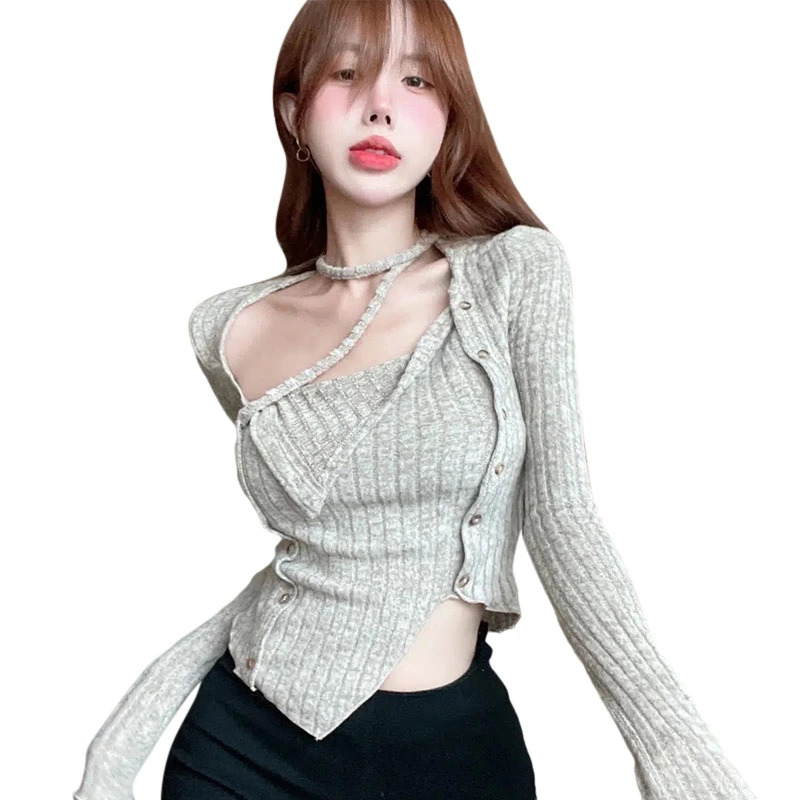 Women's Spring Solid Color Long Sleeve Hanging Neck Irregular Blouse