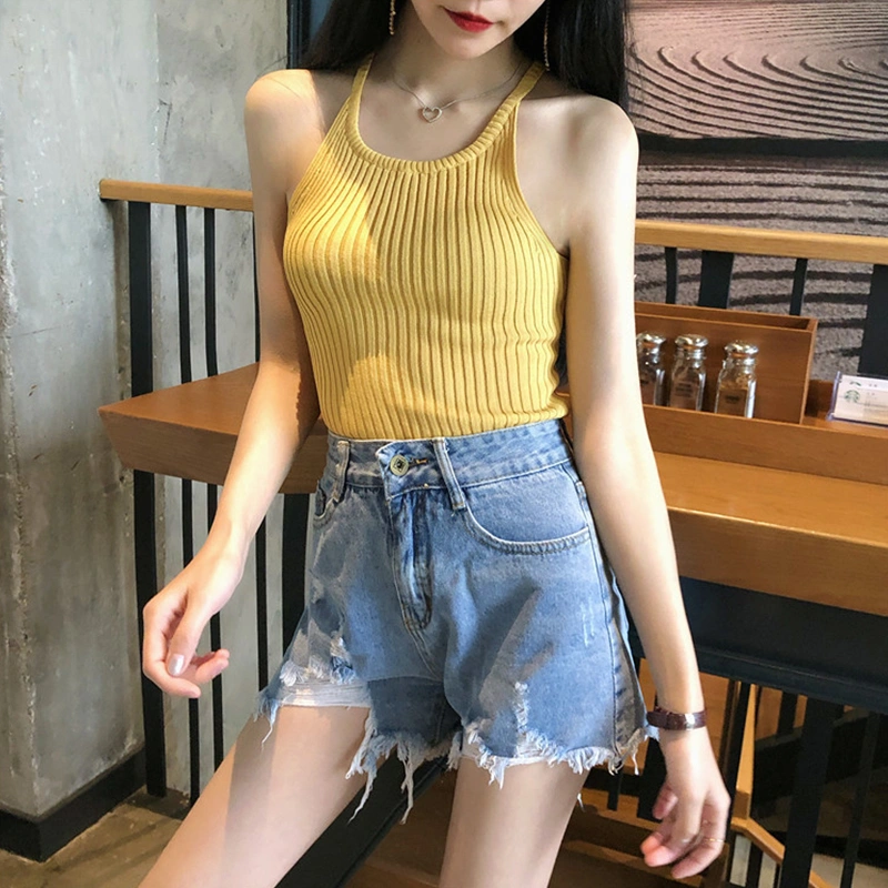 Women Halter Sleeveless Solid Color Rib Knit Racerback Tank Tops