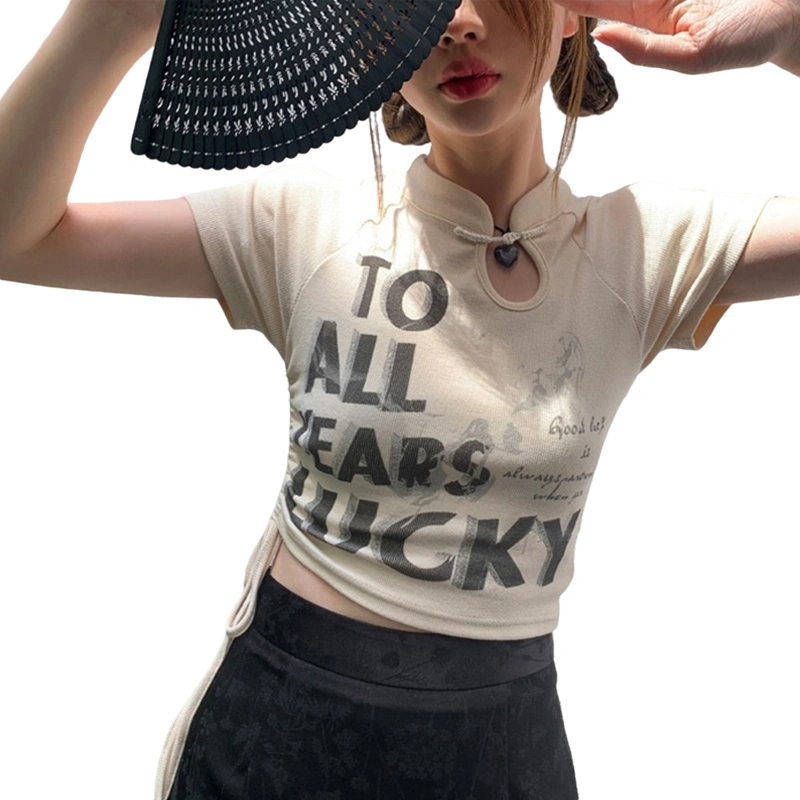 Women Crop Tops Letter Print National Style Stand Collar T-Shirt