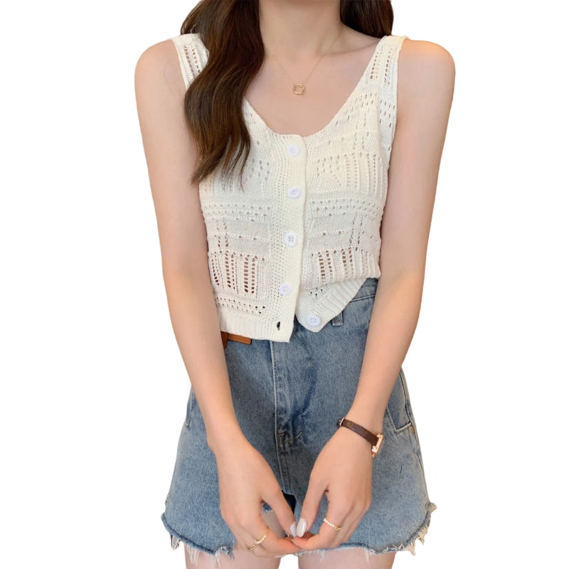 Women Knitted Tank Tops Sleeveless Solid Color Hollow Knit Vest 