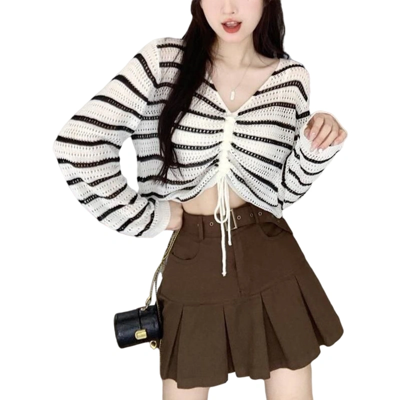 Women's Slim Knitwear, Stripe Long Sleeve V-Neck Drawstring Pullover