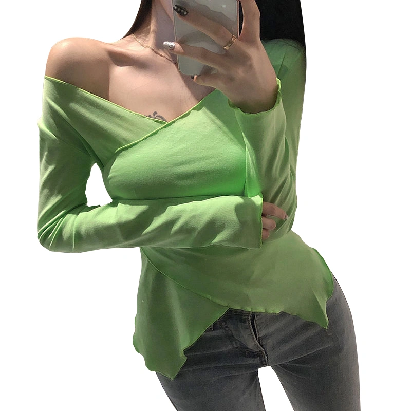 Women Off Shoulder Wrap Tops, Long Sleeve Solid Color T-Shirts