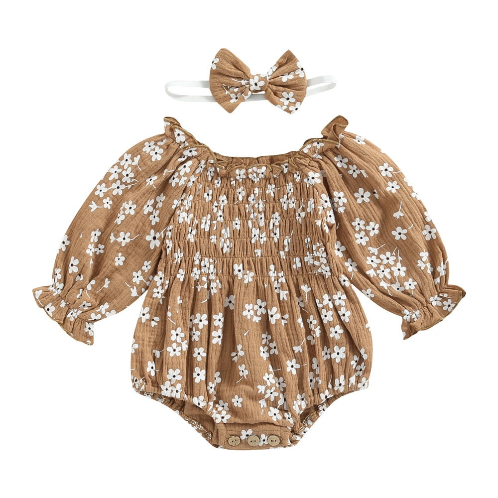 Baby Girl Romper Suits, Long Sleeve Floral Romper + Headband Set