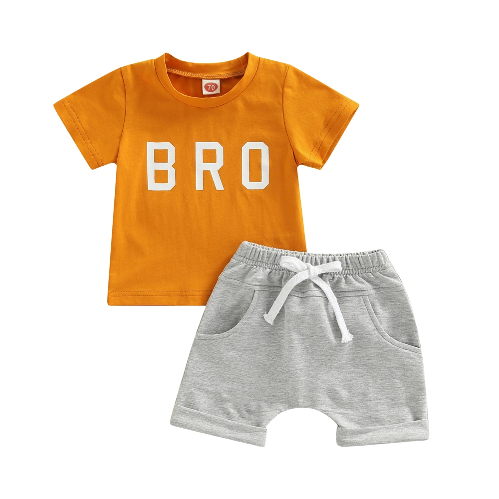 Boys Short Sleeve Letter Print T-shirt + Solid Color/Striped Shorts