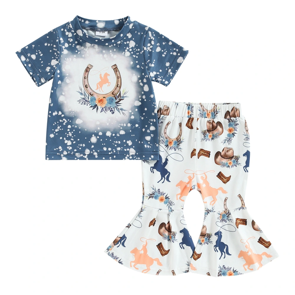 Toddler Girls Cattle Head Print Tops + Horse & Hat Print Flared Pants