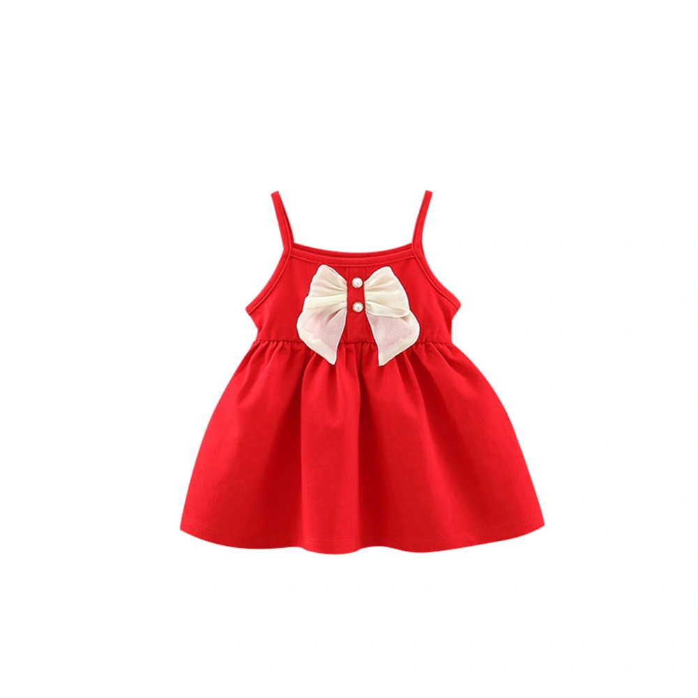 Baby Girls Summer Dress Pearl Bow Spaghetti Strap Sleeveless Dress 