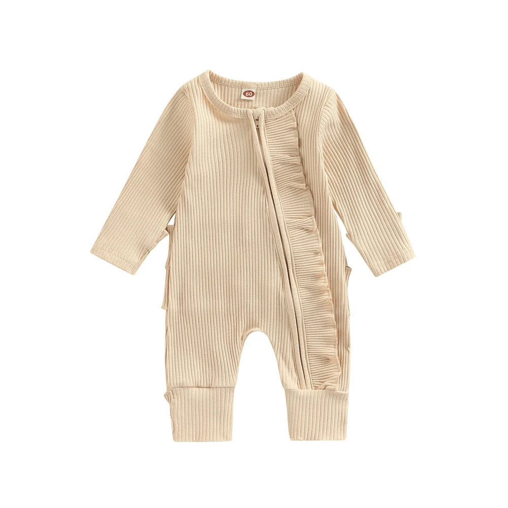 Infant Baby Girls Boys Romper Solid Color Ribbed Round Neck Jumpsuits