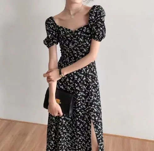 Women Summer Casual Long Dress Floral Print Puff Sleeve Dress