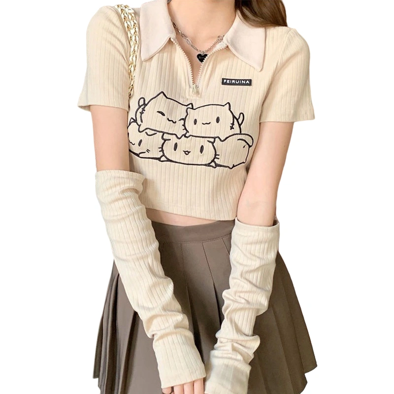 Women's Cat Print Lapel Half Zipper Short Sleeve T-Shirt + Arm Sleeve