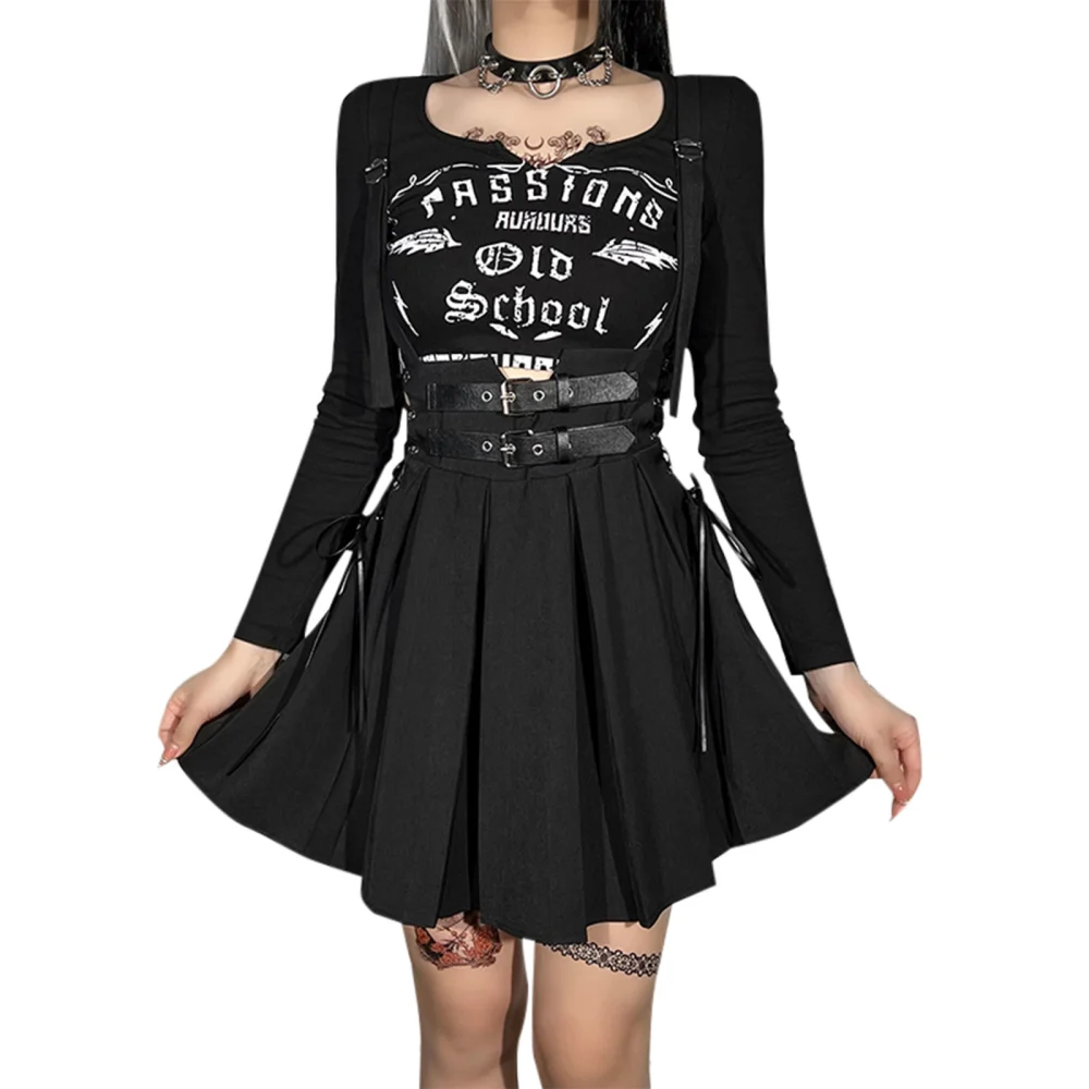 Women Overall Dress, Pleated Side Lacing Punk Clubwear Party Dress