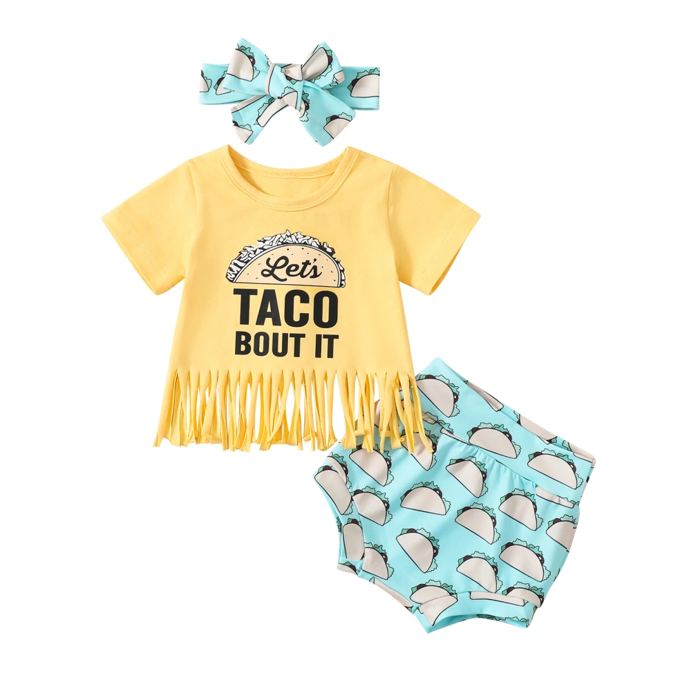 Girls Yellow Short Sleeve Tops + Pattern Print PP Shorts + Headband