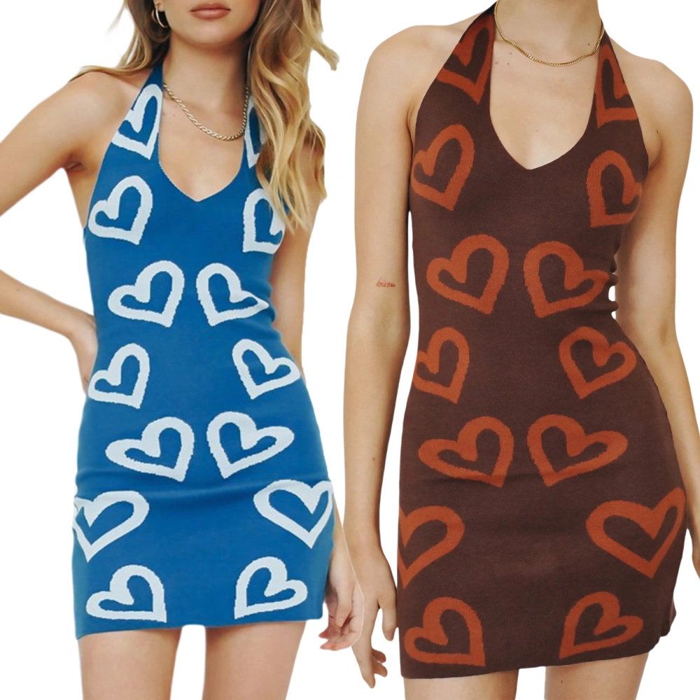 Knit Halter Dress, Tie-up Color Block Heart Pattern V-neck One-piece