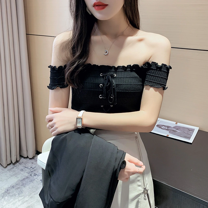 Women Off Shoulder Tops, Short Sleeve Cross Tie Up Rib Knit T-Shirts