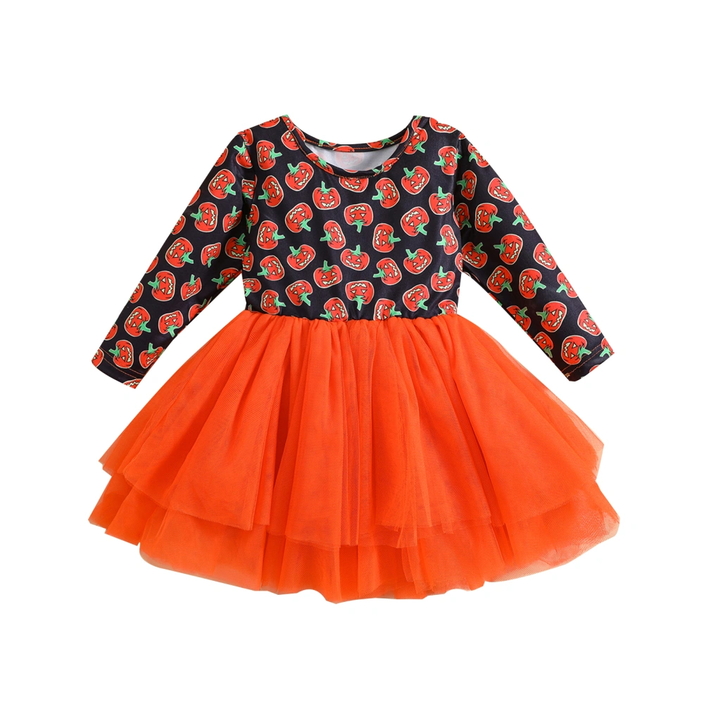 Toddler Girl Halloween Long Sleeve Pumpkin Print Tulle Patchwork Dress