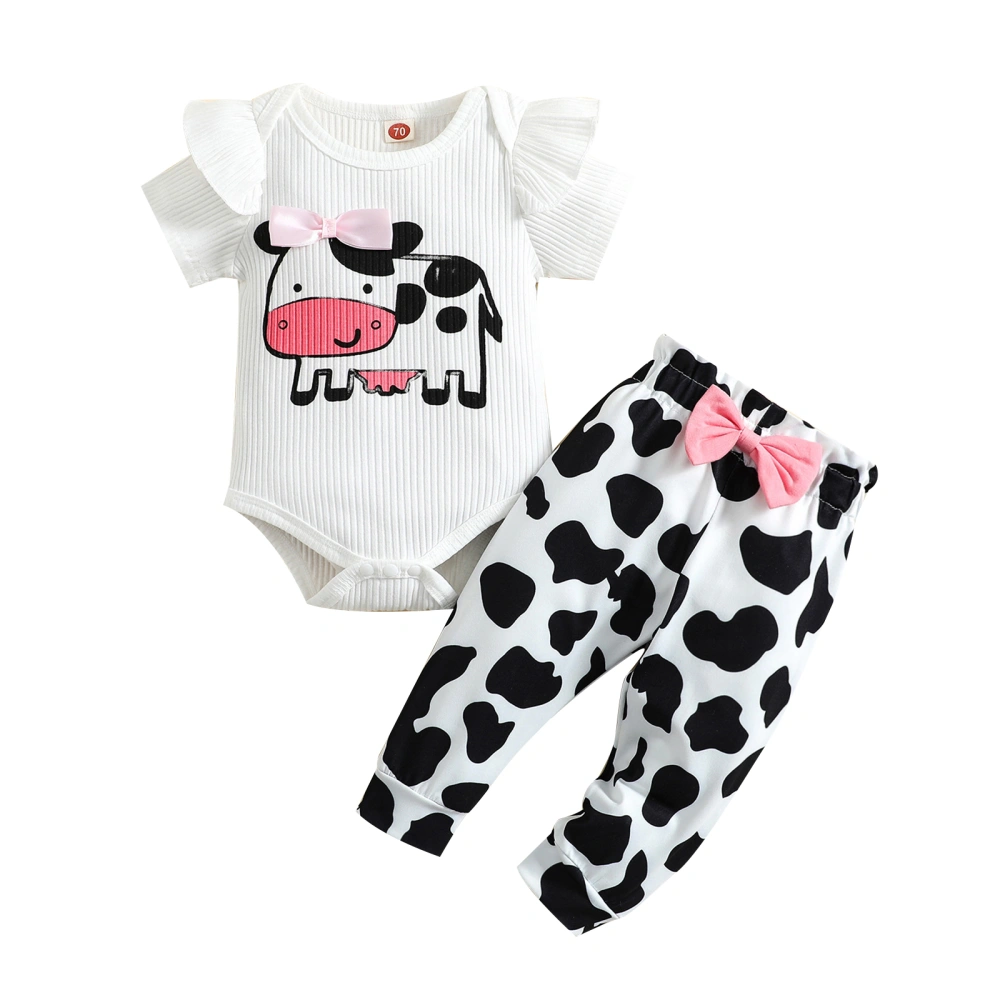 Girls White Short Sleeve Romper + Cow Print Pants with Bowknot