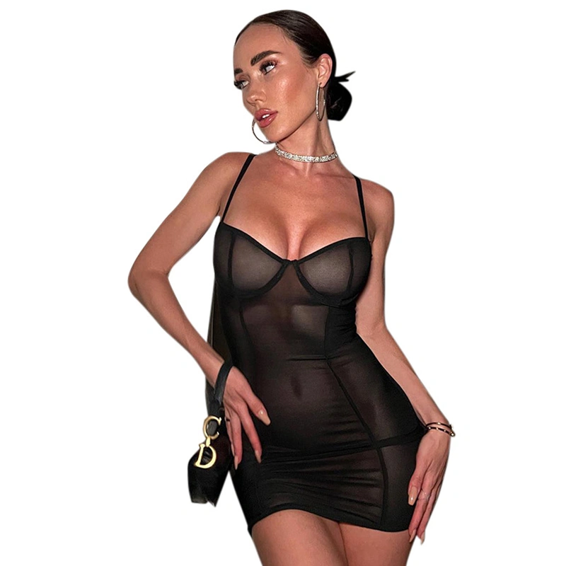 Women Bodycon Dress Mesh Sheer Sleeveless Party Dress for Nightclub