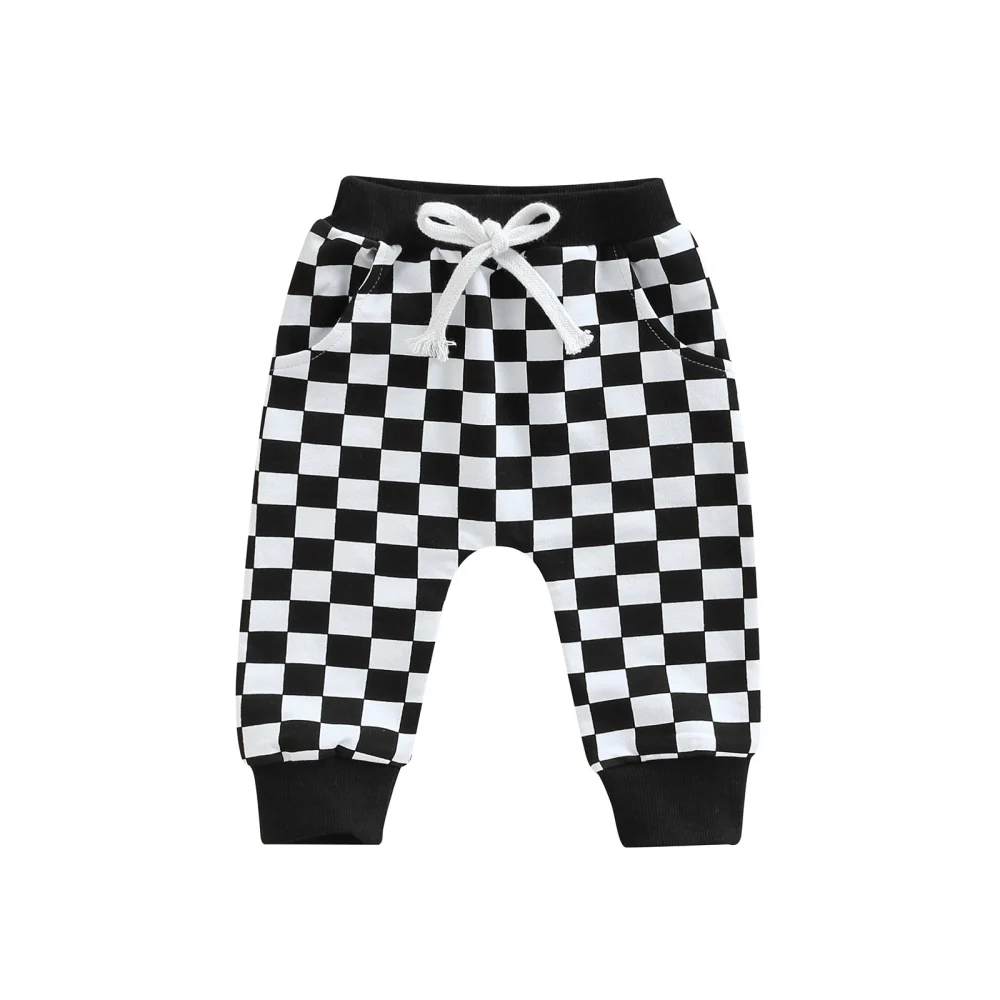 Toddler’s Fashion Checkerboard Printed Tie-up Trousers with Pockets