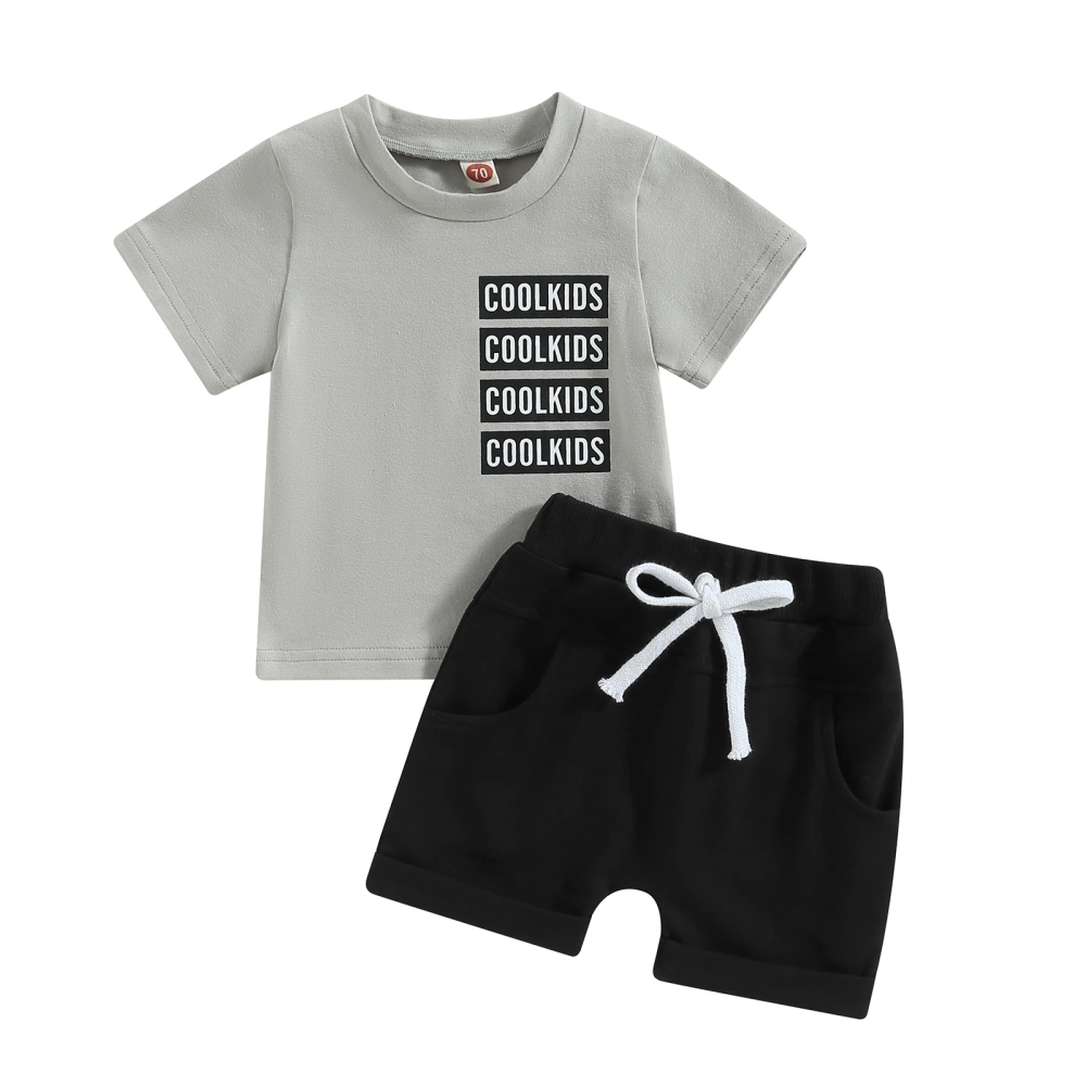 Boys Short Sleeve Letter Print T-shirt + Solid Color Drawstring Shorts