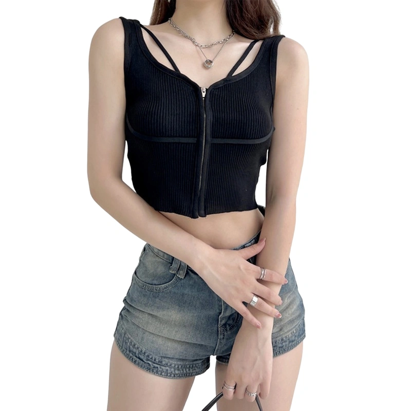 Women Fitted Tank Tops, Solid Color Sleeveless Full Zipper Crop Tops