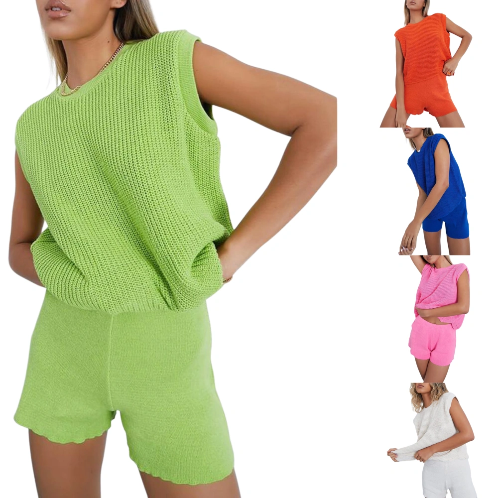 Women Solid Color Outfits, Loose Round Neck Knit Tops + Shorts