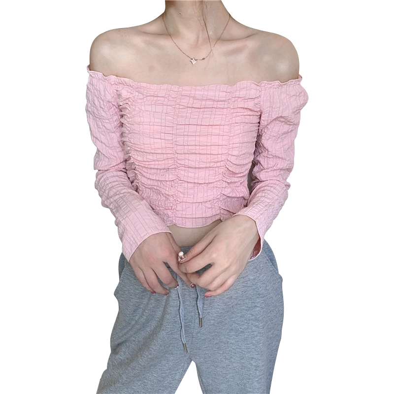 Women's Off Shoulder Long Sleeve Solid Color Ruched Front Crop Tops