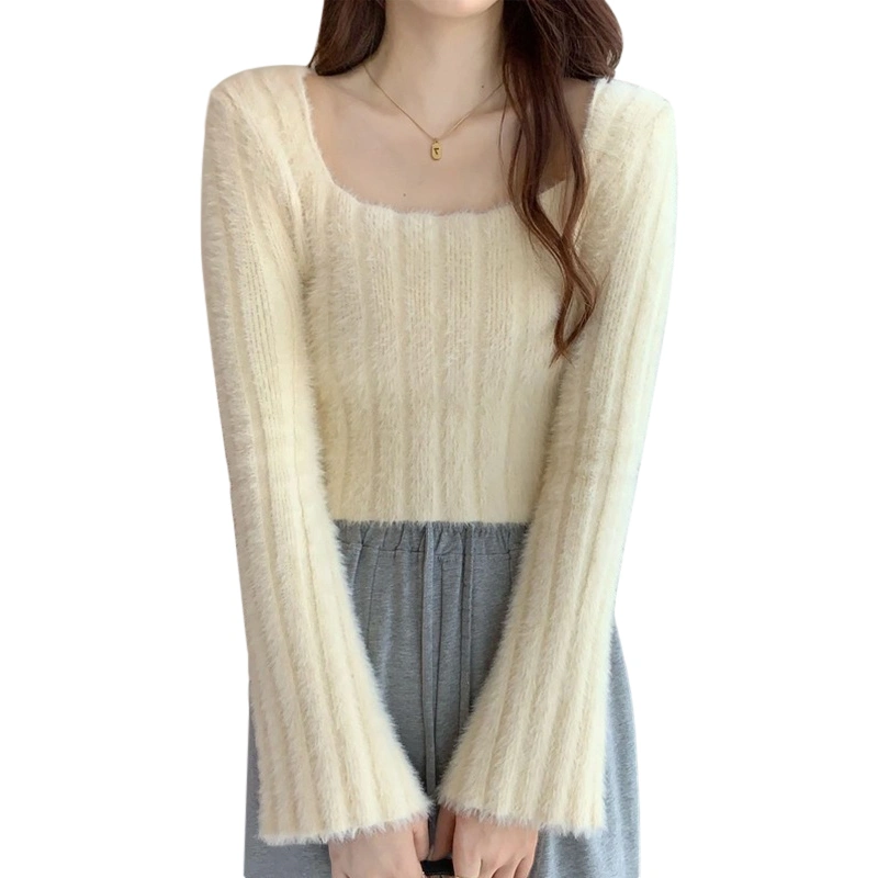 Women's Ribbed Knit Crop Tops, Fuzzy Long Sleeve Square Neck T-Shirts