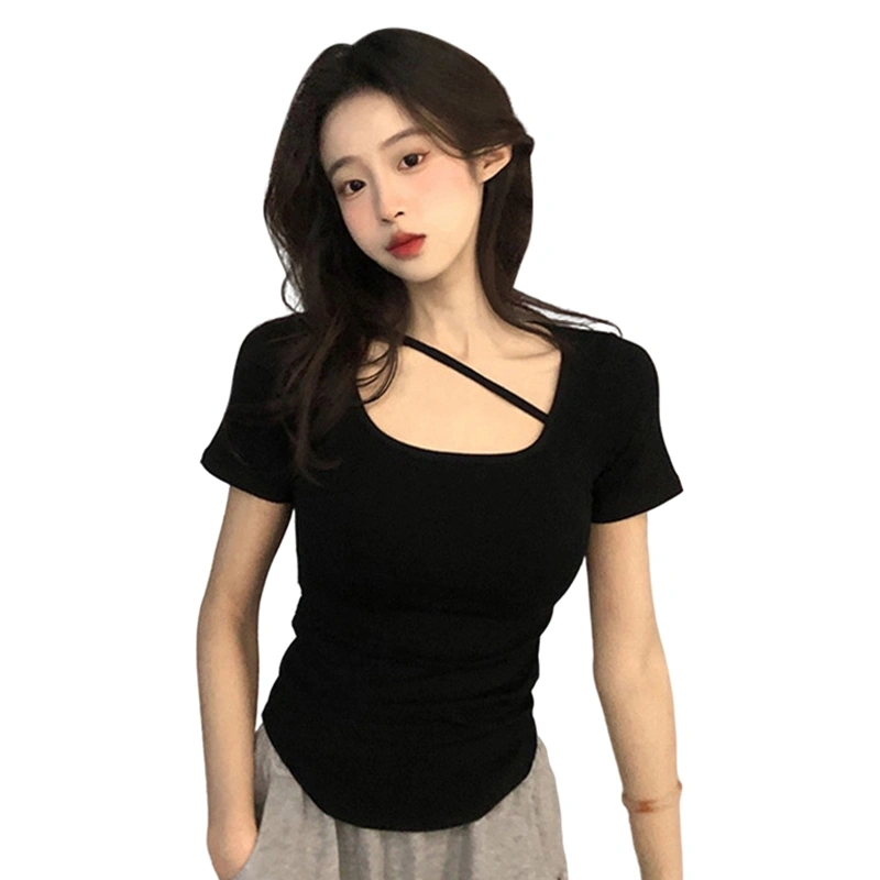 Irregular Women Short Sleeve T-shirts Casual Slim Fit Solid Color Tops