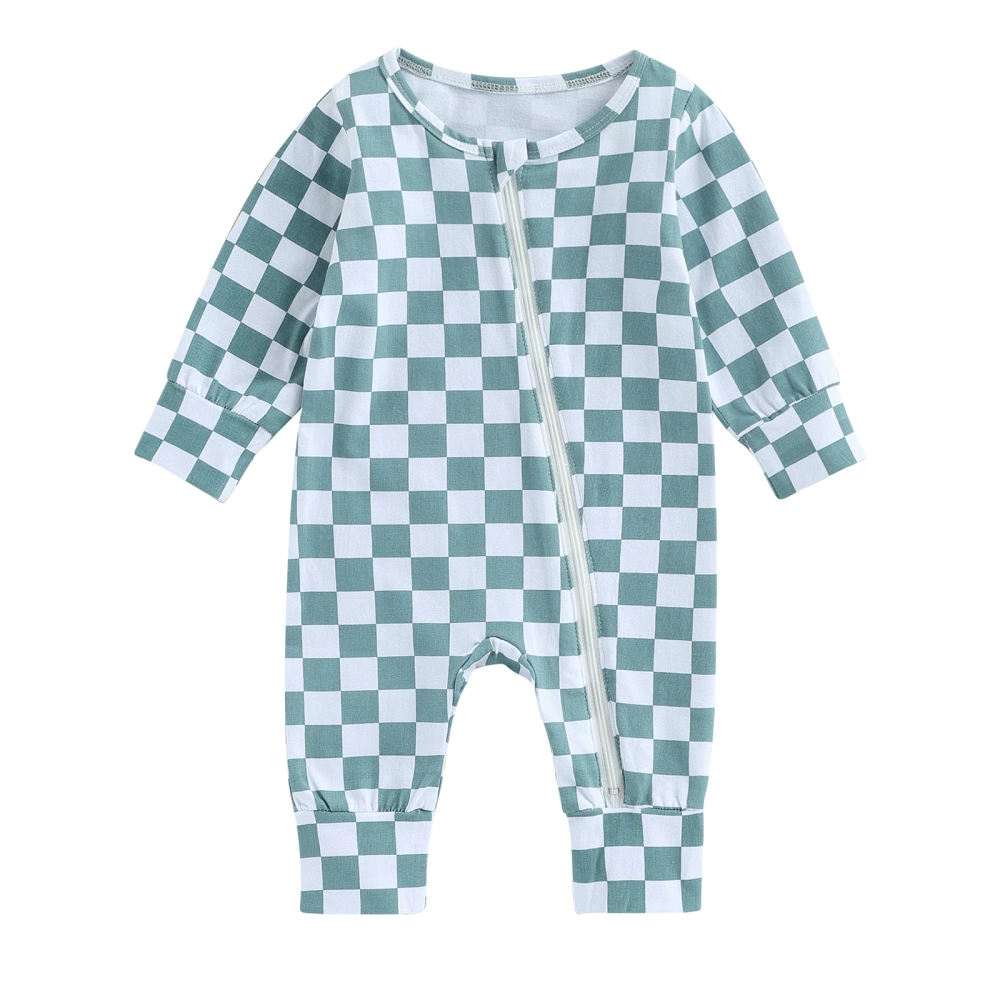 Toddler Baby Zipper Rompers Checkerboard Print Long Sleeve Jumpsuit