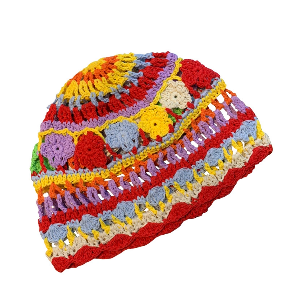 Women Crochet Bucket Hat, Ethnic Colorful Knit Hollow Fisherman Hats