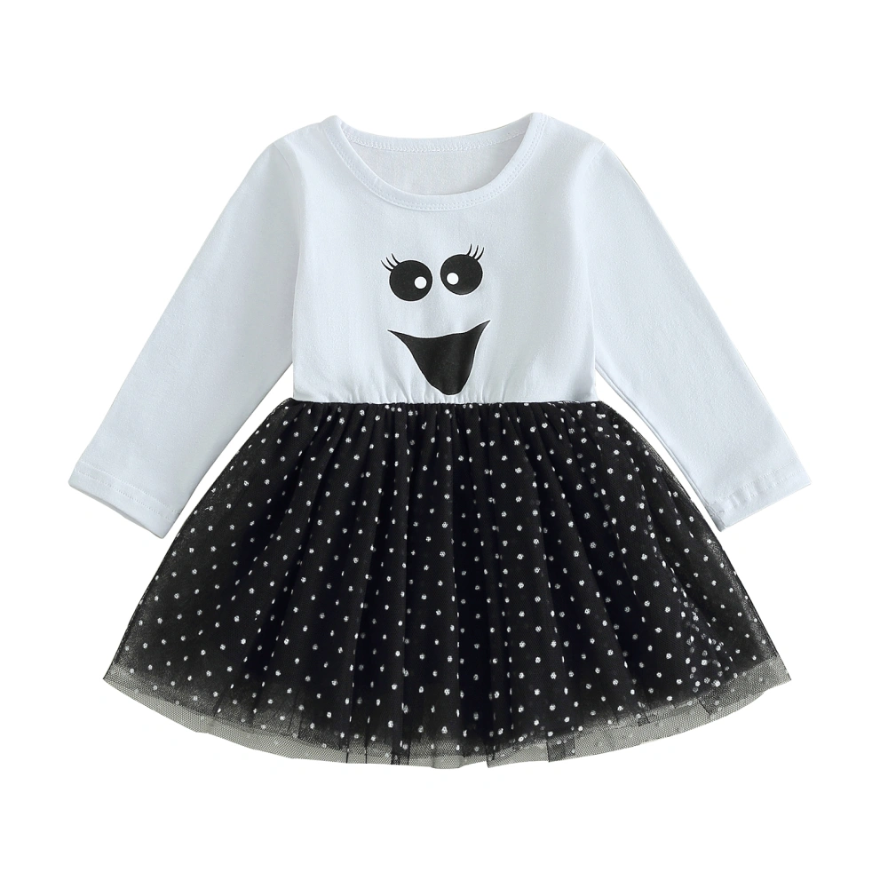 Halloween Girls Casual Dress, Long Sleeve Smile Face Dots Tulle Dress