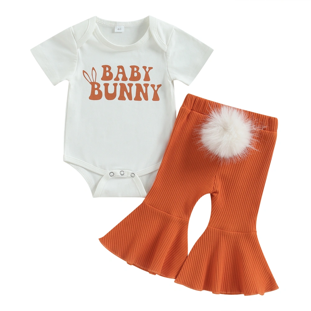 Girls White Letter Print Romper + Orange Ribbed Flared Pants