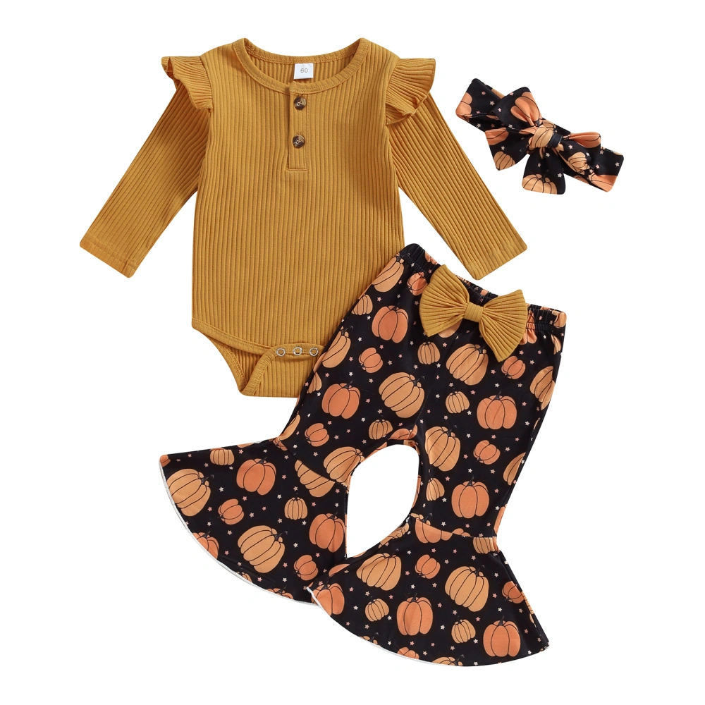 Baby 3 Pieces Outfits Romper and Pumpkin Print Flared Pants Headband