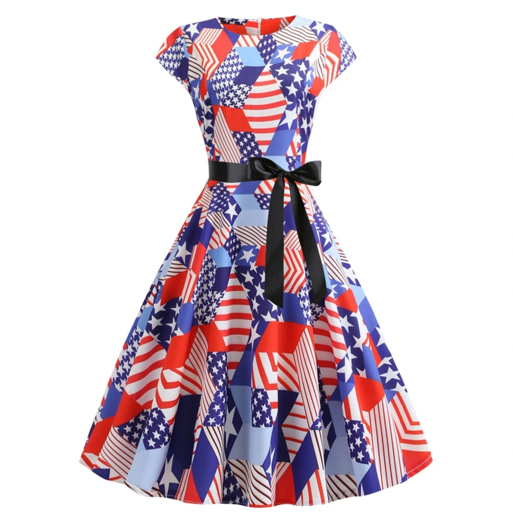 Women’s Flag Print Round Neck Bandage Cap Sleeve Mid-length Dress