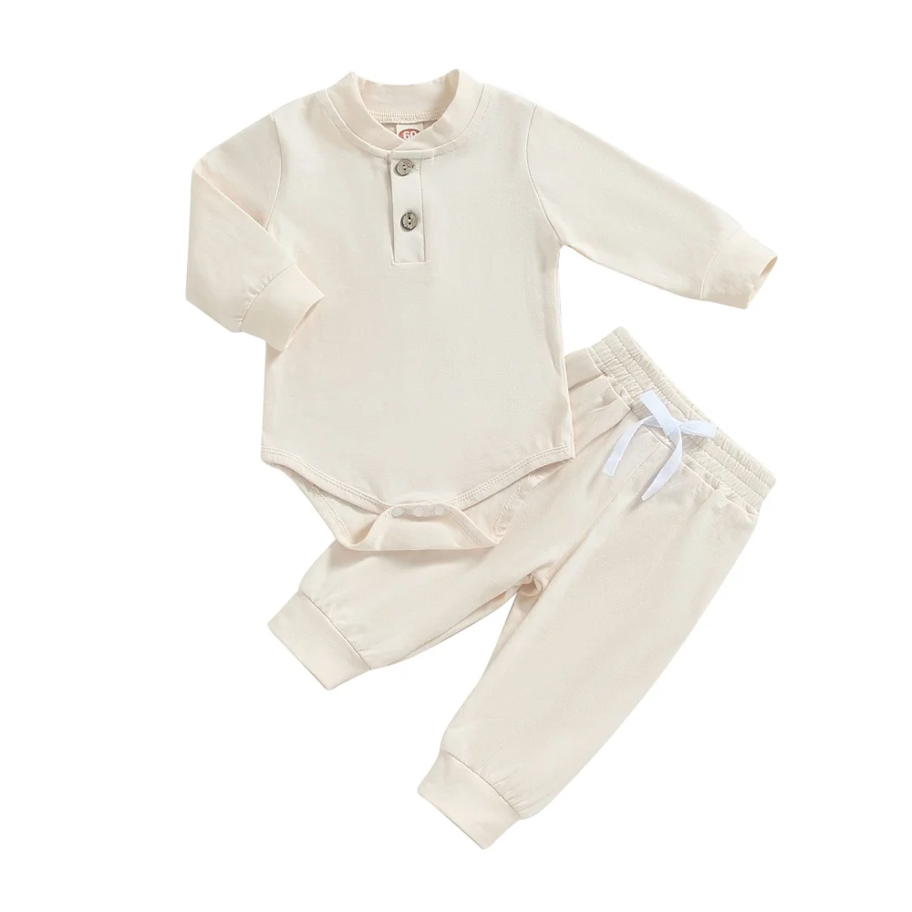 Baby Boy 2 Piece Outfit Button Long Sleeve Rompers and Elastic Pants