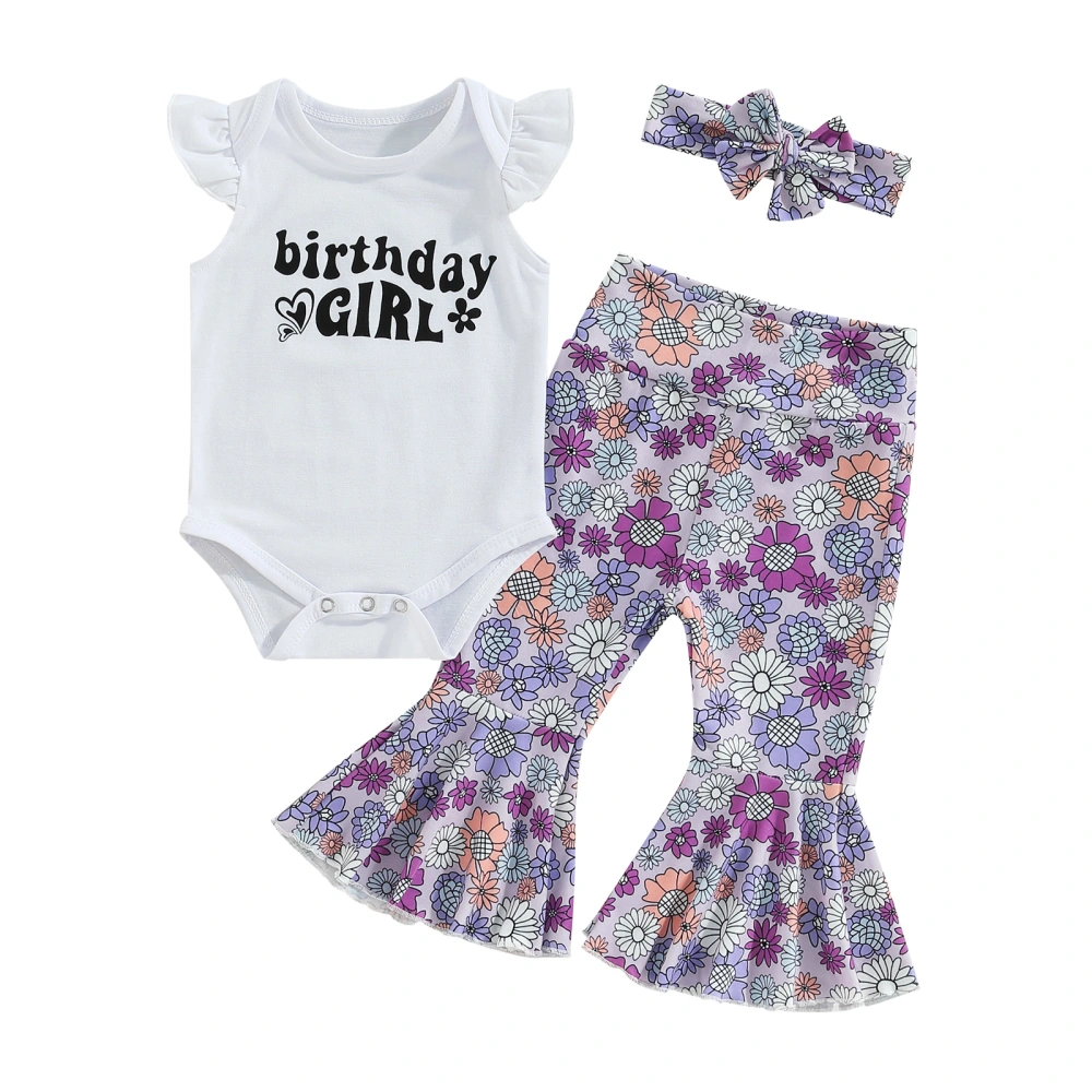 Baby Girl Birthday Outfits, Romper + Floral Flare Pants + Headband Set